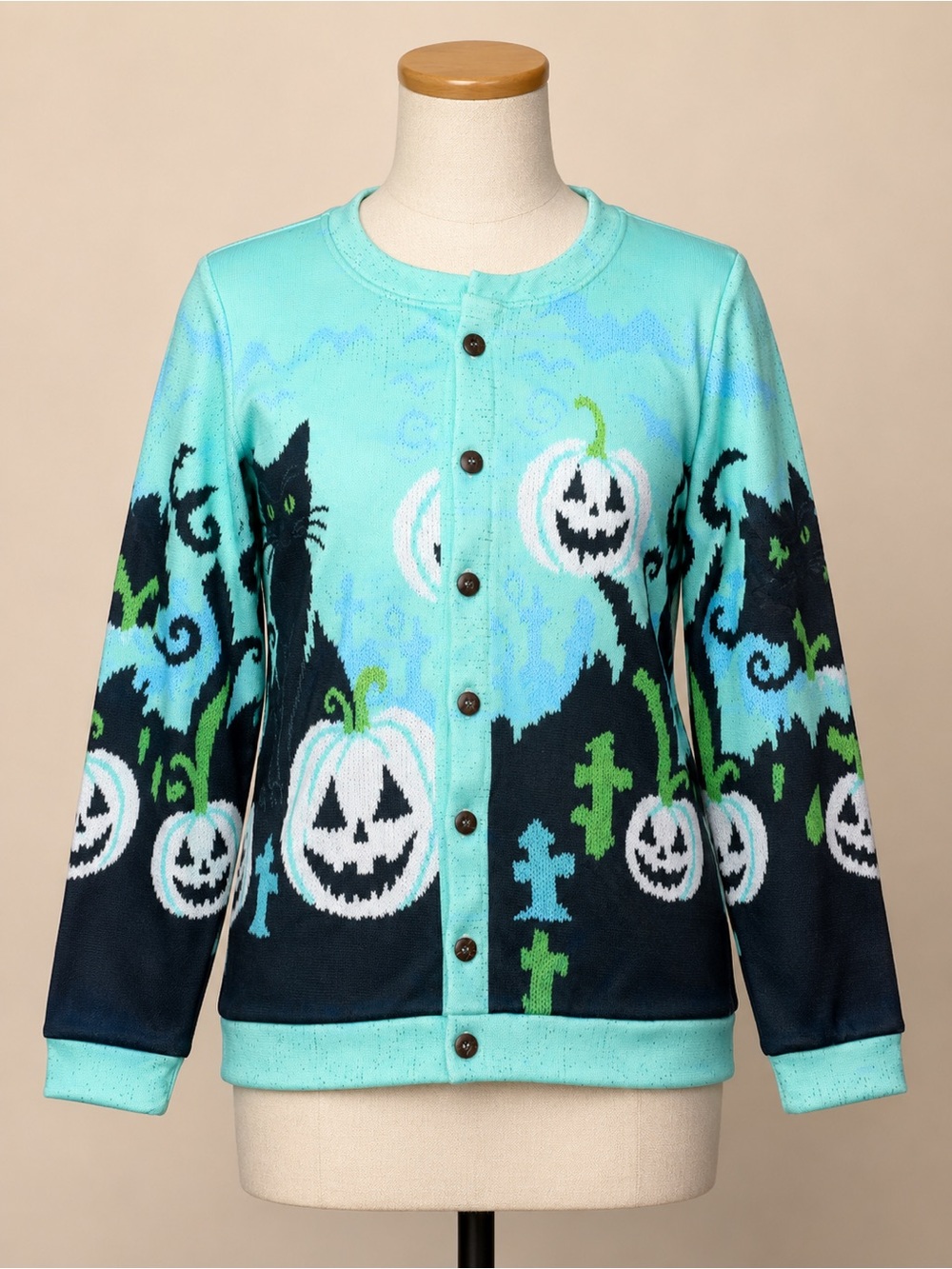 Halloween Black Cat Pumpkin Cardigan Sweater Aqua Medium